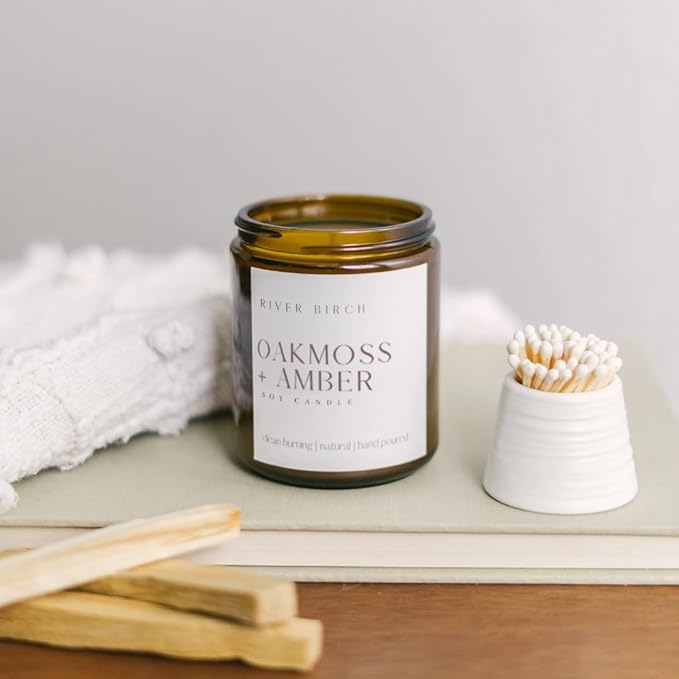 River Birch Candles Oakmoss + Amber Scented Candle | Premium, All-Natural, Non-Toxic, Soy Wax, Amber Jar | 8.5oz 40 Hr Burn Time | Cozy Relaxing Gifts for Home