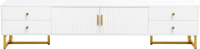 Amposei Modern TV Stand with Drawers for TVs up to 75'', Media Console Storage Cabinet Entertainment Center Furniture for Living Room Bedroom, Gold Metal Legs, 70.9-Inch, White
