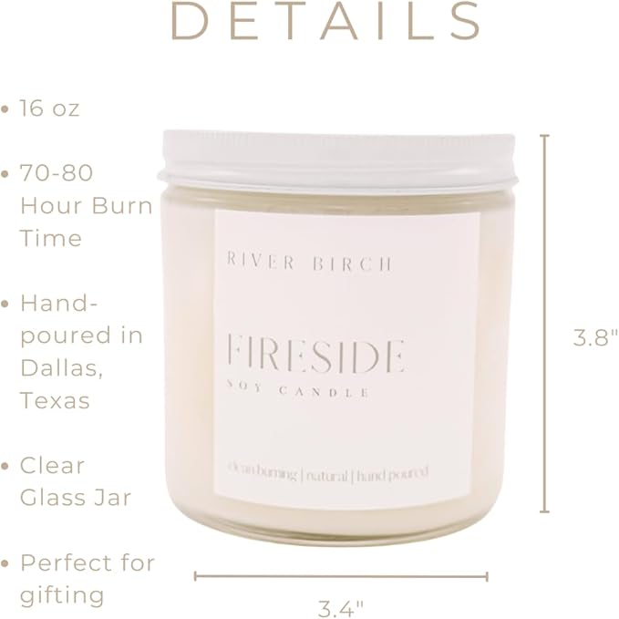 River Birch Candles Fireside Scented Candle | Premium, All-Natural, Non-Toxic, Soy Candles | 16oz 90 Hr Burn Time | Cozy Relaxing Gifts for Home