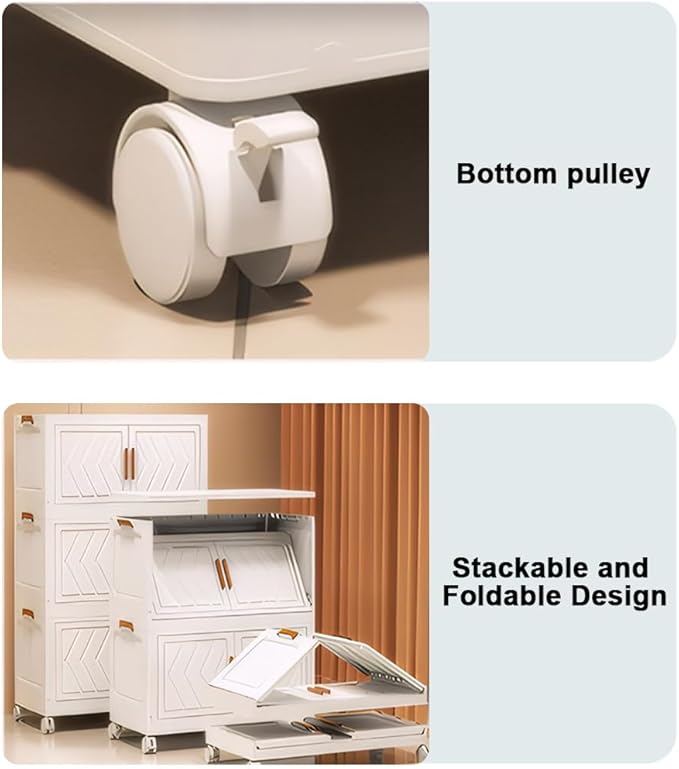 4-Tier Stackable Storage Bins with Lids 94QT Plastic Large Collapsible Storage Containers with Wheels and Magnetic Doors Foldable Closet Organizers for Bedroom Dorm Garage Home Office, White