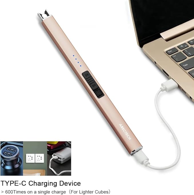 ARECTECH Electric Candle Lighter with Type-C Cable Birthday Gift for Man Women Wife Rechargeable Plasma Arc Lighters for Candle Camping Kitchen Stove Gold
