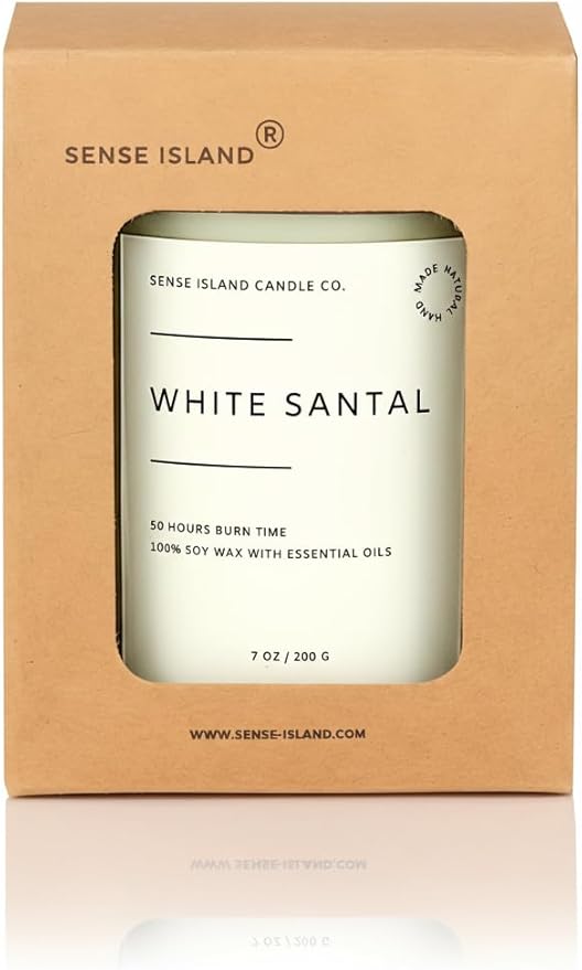 SENSE ISLAND White Santal Scented Candle for Home Scented 50+ Hrs Highly Scented | 100% Natural Soy Candle Gifts for Women Highly Scented House Warming Gifts