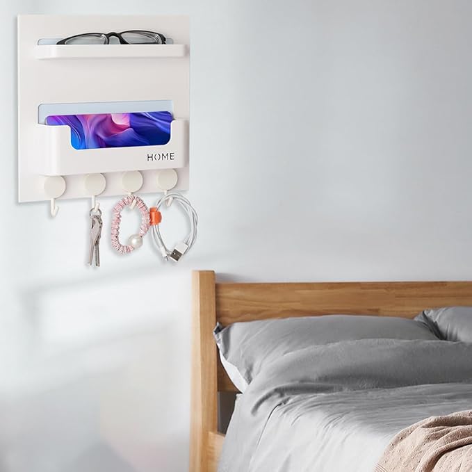 Updated Bedside Shelf Wall Mount Phone Holder Organizer Stick On Adhesive Damage Free Hanging Strips 4 Hooks Teenager Dorm Room Essentials Decoration Gasses Remotes Keys Snacks (White)