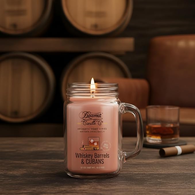 Whiskey Barrels & Cubans Candle – Odor Eliminating, Strong Scent – Whiskey Barrels & Tobacco – Long Lasting 90 Hour Burn – Large 12oz Mason Jar – Made in USA – Beamer Candle Co