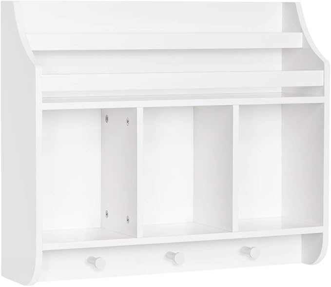 RiverRidge Kids Bookshelf with 3 Cubbies & Hooks - Book Nook Wall Bookshelf for Kids' Rooms Storage Display Rack for Toys and Games
