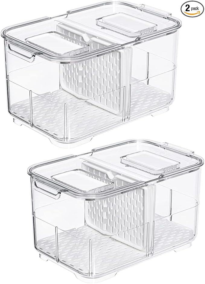 Slideep Food Storage Containers Fridge Produce Saver, Stackable Refrigerator Organizer Keeper Foldable lid with Removable Drain Tray for Produce, Fruits, Vegetables 2800 ml - 2 Pack