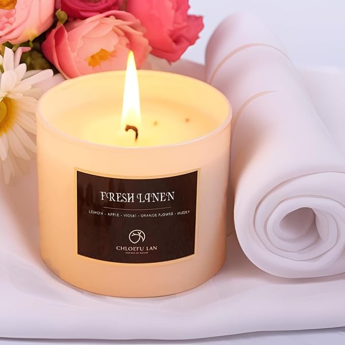 Chloefu LAN Fresh Linen Candles Laundry Candles Non-Toxic Air Freshening Scented Candle Decorative Pet Odor Eliminator for Home Luxury Scented Soy Jar Candle for Bathroom Decor 7.1 oz 2 Pack