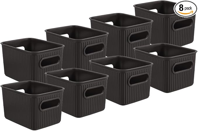 Superio Decorative Plastic Basket Open Home Storage Bins Organizer Baskets, Small, Brown (8 Pack) Container Boxes for Organizing Closet Storage Bins for Shelves Drawer Shelf, 1.5 Liter