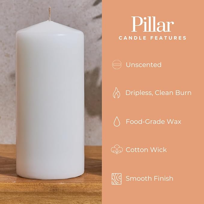 Simply Soson 3x6 inch White Pillar Candles - Set of 6 Emergency Tall Candles, Unscented, Cone Tip