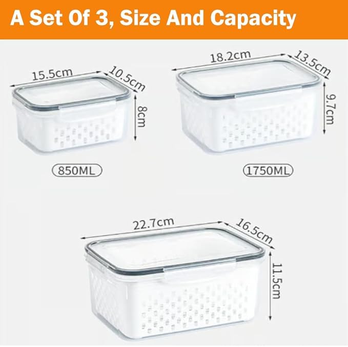 QUROXO 4 in 1 Food Storage Container-3 Piece Set, Household Transparent Plastic Food Storage Box with Lids, Food Fruit Storage Containers for Fridge with Drain Basket (Gray)