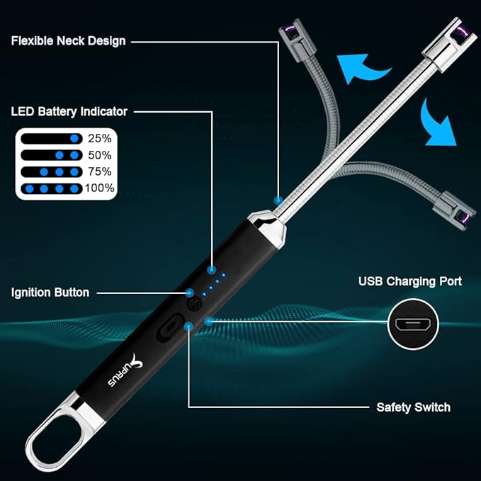 SUPRUS Lighter Rechargeable USB Lighter Arc Electric Lighetrs with Safety Switch 360° Flexible Neck Flameless Grill Long Lighters for Candle Camping Cooking (Black)