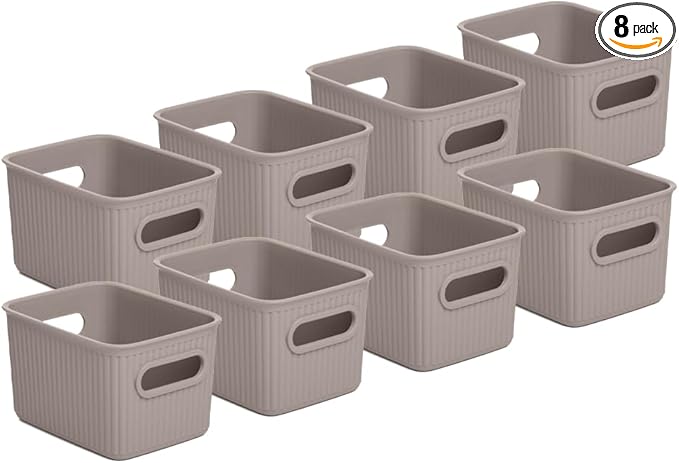 Superio Decorative Plastic Basket Open Home Storage Bins Organizer Baskets, Small, Taupe (8 Pack) Container Boxes for Organizing Closet Storage Bins for Shelves Drawer Shelf, 1.5 Liter