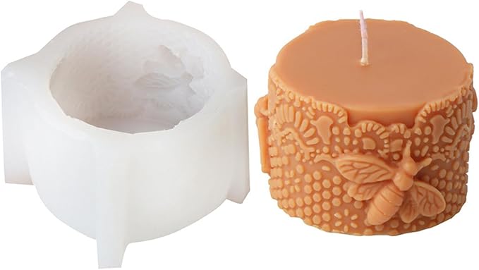 Bee Lace Trim Cylinder Candle Mold, Honeybee Beehive Pillar Silicone Mold for Beeswax Candle, Soy Wax Candle, Plaster Ornament, DIY Crafts (J)