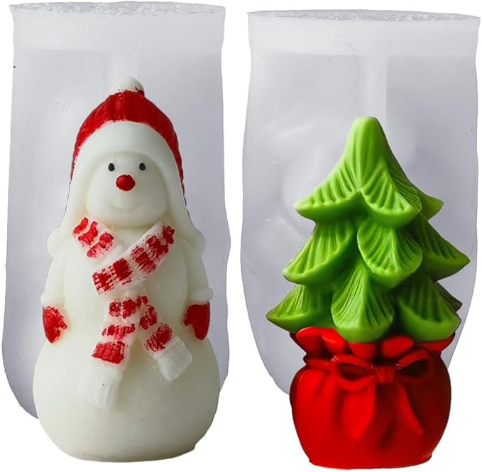 2 Pack Chrsitmas Tree Silicone Mold, Snowman Candle Mold for Soap Soy Wax DIY Handcraft, Gift Bag Resin Mold Gift Wedding Party Home Dinner Festive Days Car Christmas Decoration