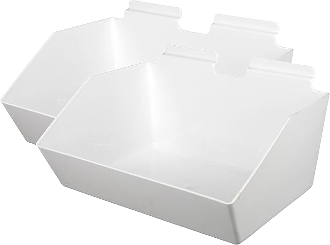 SSWBasics Slat Wall Accessory - Set of 2, 12 x 5 ½ x 9 ½ Inch White Plastic Slatwall Bins - Durable and Versatile Slat Wall Accessories for Organized Storage Solutions