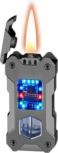 Smart Kerosene Lighter 4-Ignition Methods, Voice Activated Soft Flame Lighter, Metal Mecha Style Refillable Lighters with Cool Colorful Breathing Light (Brushed Grey, No Fuel)