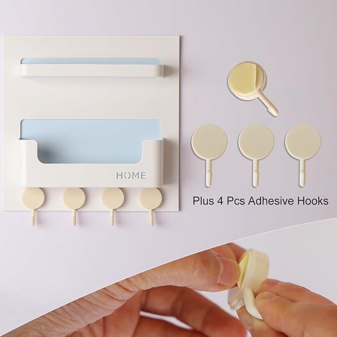 Updated Bedside Shelf Wall Mount Phone Holder Organizer Stick On Adhesive Damage Free Hanging Strips 4 Hooks Teenager Dorm Room Essentials Decoration Gasses Remotes Keys Snacks (White)