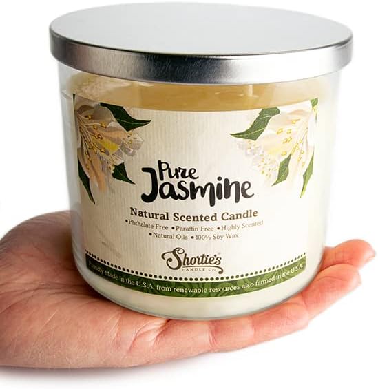 Pure Jasmine Highly Scented Natural 3 Wick Candle, Essential Fragrance Oils, 100% Soy, Phthalate & Paraben Free, Clean Burning, 14.5 Oz.