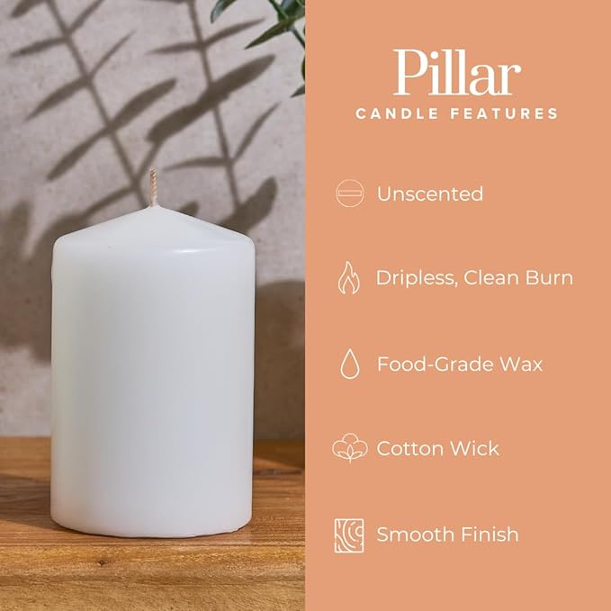 Simply Soson 3x4 inch White Pillar Candles, White Candle, Set of 6 Pillar Candles Bulk 3x4, Emergency Candles, Tall Candles, Wax Candle, Unscented Candles, Candle Pack, Cone Tip