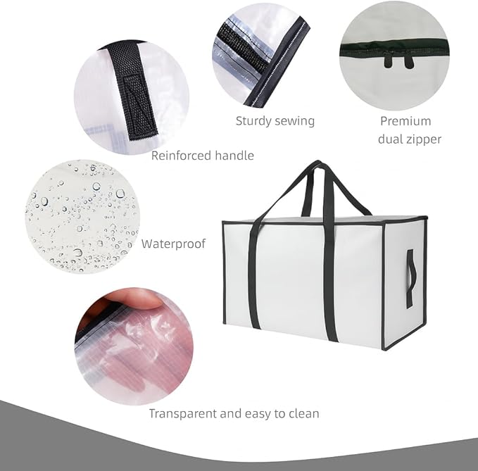 2 Pack Extra Large Clear Moving Bags with Zippers – Heavy Duty Storage Bags with U-Shaped Handles, Tag Pocket & Side Grips – Ideal for Clothes, Bedding, Dorm, Closet, Garage Organization