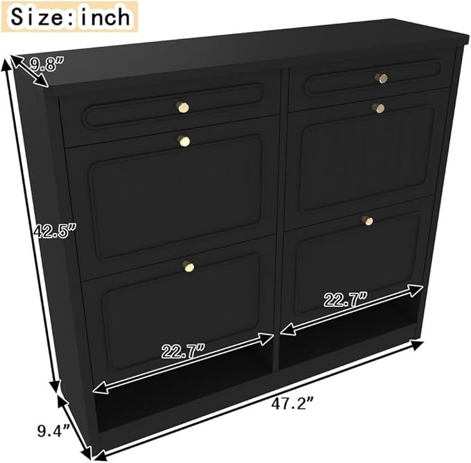 Wooden Shoe Cabinet with 4 Flip Drawers 2 Storage Drawers Farmhouse Style Shoe Organizer for Classified Storage Black (Black)