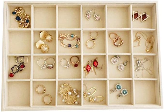Premium Grade Velvet Sturdy Jewelry 24 Grids Display Tray Stackable Rings Necklace Gemstone Shows Store Home Organizer Soft Beige