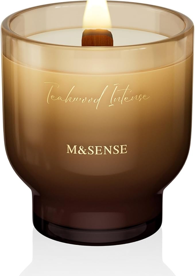 M&SENSE 9.88oz Natural Soy Wax Jar Candle with Wooden Wick | Teakwood Intense Scent | 55-Hour Burn & Long-Lasting Burn | Housewarming Gift for Men and Women