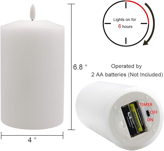 GenSwin 4” x 6.5” Flameless Flickering LED Candles Battery Operated with 6H Timer, Warm Light Real Wax Pillar Votive 3D Wick Candles, Perfect for Party/Wedding/Home Decor(White)