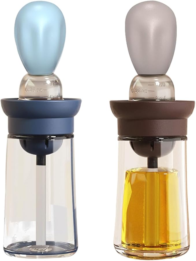 TINMIX Oil Dispenser with Brush - 2 Pack Glass 2 IN 1 Olive Oil Dispensing Bottle with Basting Brush for Cooking Frying Baking Kitchen, 180ml, T-OB21 Blue+Grey