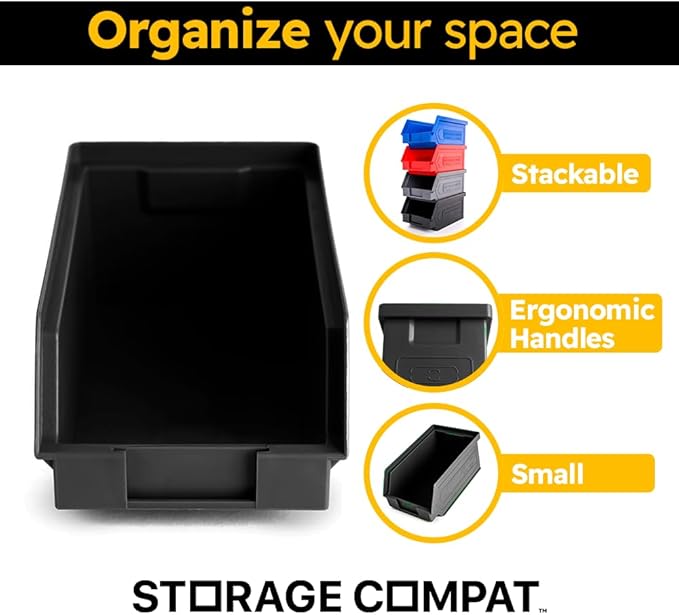24 Pack Plastic Storage Bins, Hanging, Stackable, Storage Organizer Bin for Warehouses, Workshops 7-Inch x 4-Inch x 3-Inch, Black