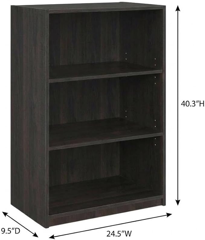 Furnifact Espresso 3-Shelf Bookcase with Sturdy Construction, Spacious Shelves for Books and Decor, Stylish Modern Design for Living Room or Office