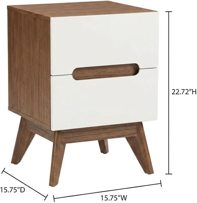 Furnifact White Mid-Century Modern Nightstand, Walnut Accents, 3 Spacious Drawers, Durable Construction, Easy Care, Single Piece Bedroom Storage Solution