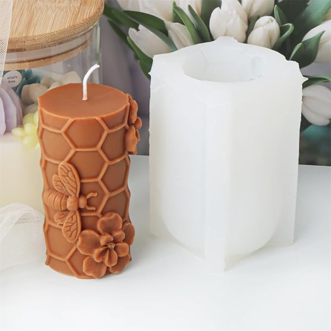 Bee Honeycomb Flower Cylinder Candle Mold, Honeybee Beehive Pillar Silicone Mold for Beeswax Candle, Soy Wax Candle, Plaster Ornament, DIY Crafts (C)