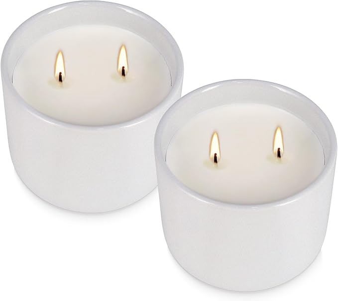 2-Pack Citronella Candles in White Ceramic Jars - 2 Cotton Wicks, Citronella Oil with Elegant White Pillar Design Perfect for Outside Patio, Camping & Garden, Summer Gifts for Indoor Home