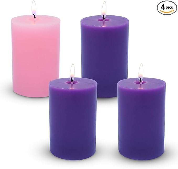 Set of 4 2x3 Inch Advent Pillar Candles, Dripless Unscented Purple and Pink Candles for Christmas Advent Holiday Season - 24 Hours Burn Time