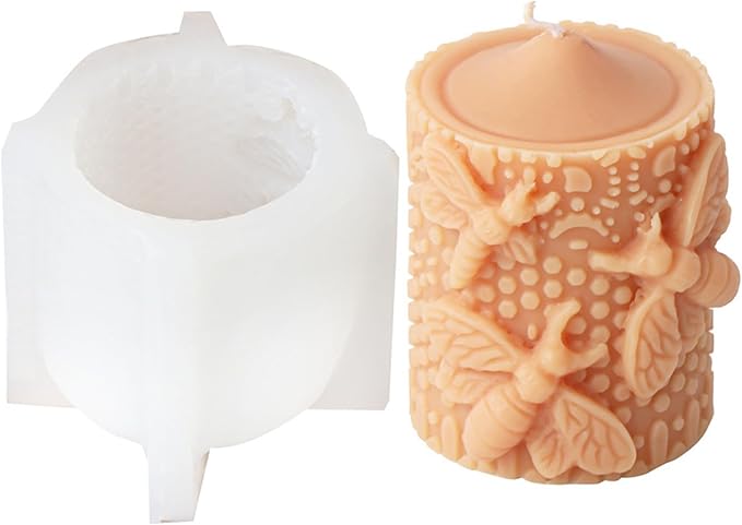 Bee Lace Trim Cylinder Candle Mold, Honeybee Beehive Pillar Silicone Mold for Beeswax Candle, Soy Wax Candle, Plaster Ornament, DIY Crafts (H)