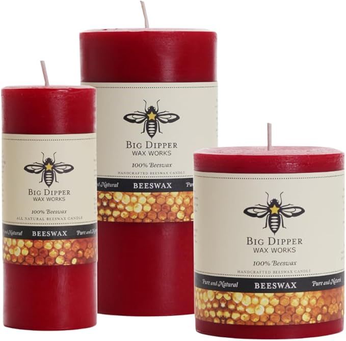 Big Dipper Wax Works Red Pillar Candle, 40-Hour Long Burn, Pure Beeswax Candle, 2" x 4.75”