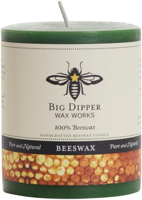 Big Dipper Wax Works Moss Green Pillar Candle, 60-Hour Long Burn, Pure Beeswax Candle, 3" x 3.5”