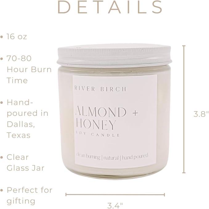 River Birch Candles Almond & Honey Scented Candle | Premium, All-Natural, Non-Toxic, Soy Candles | 16oz 90 Hr Burn Time | Cozy Relaxing Gifts for Home