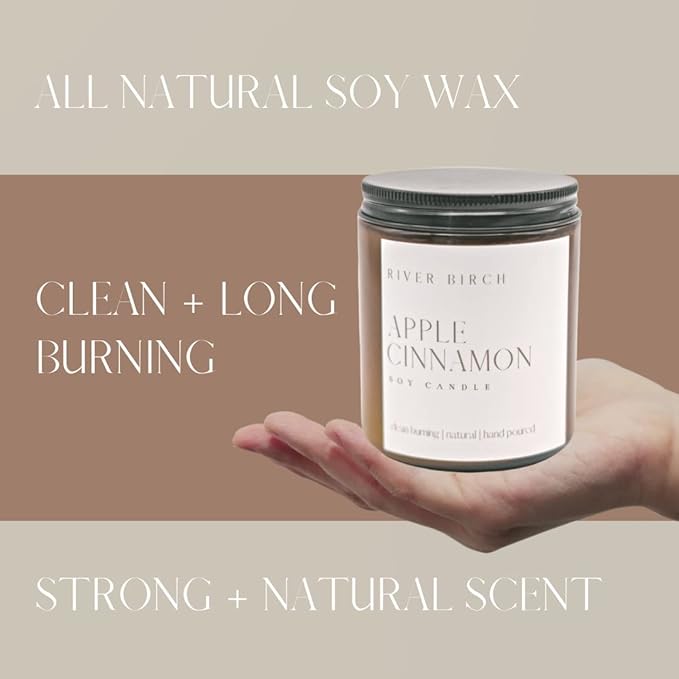 River Birch Candles Apple Cinnamon Scented Candle | Premium, All-Natural, Non-Toxic, Soy Amber Jar Candles | 8.5oz 40 Hr Burn Time | Cozy Relaxing Gifts for Home