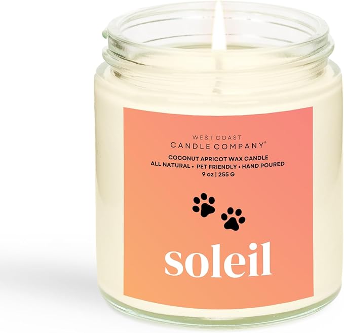 Soleil | Pet Friendly Candle | Soy-Free Coconut Apricot Wax | Clean Burning | Non-Toxic | Veterinarian Approved | Pet Odor Eliminator | Air Freshening Scented Candle | 9 oz
