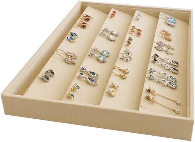 Premium Grade Beige Velvet Jewelry Organize Display Tray for Earrings Stackable Storage Neutral Color Store Trade Show Gallery Home Use Drawer Divider
