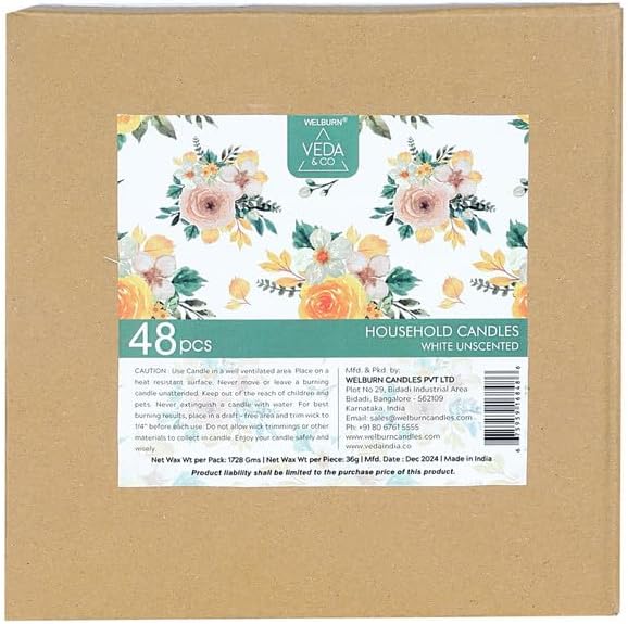 Welburn Veda&Co™ Church Candles, Household, Emergency - Pack of 48, 16mm x 8" (7 Hours Burn Time), 100% Fully Refined Paraffin Wax, for Memorial, Christmas Eve, Shabbat (White)