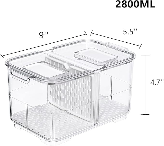 Slideep Food Storage Containers Fridge Produce Saver, Stackable Refrigerator Organizer Keeper Foldable lid with Removable Drain Tray for Produce, Fruits, Vegetables 2800 ml - 2 Pack