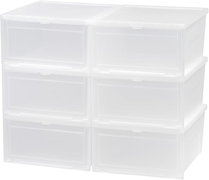 IRIS USA Stackable Shoe Storage Box with Latch Drop Front Door, 6-Pack, for Scarf Game Organizer Container with Ventilation Holes for Closet Under Bed Entryway Storage, Strudy, Wide, Clear