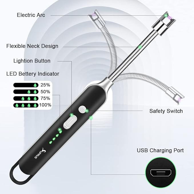 SUPRUS Electric Rechargeable Arc Lighter with LED Battery Display Long Flexible Neck USB Lighter for Candle Cooking (Black)