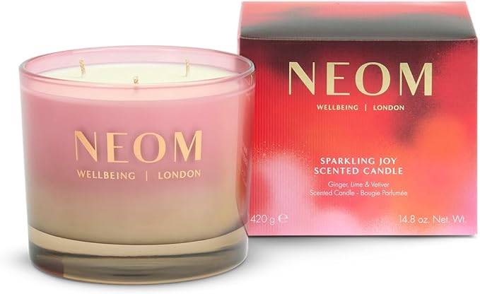 NEOM Sparkling Joy Scented Candle, 3 Wick, 185g I Ginger, Lime and Vetiver I 100% Naturally Derived Wax I 100% Natural Fragrances I Invigorating