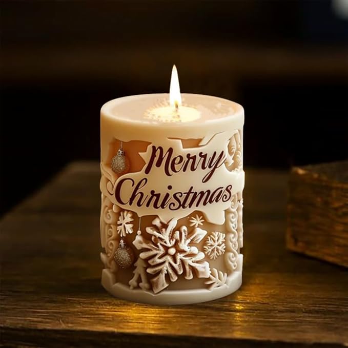 3D Relief Cylinder Christmas Candle Molds, Merry Christmas Letter Silicone Molds for Candle Making, Snowflake Aromatherapy Soap Molds Resin Casting Molds Gummy Molds for DIY Home Decoration Supplies