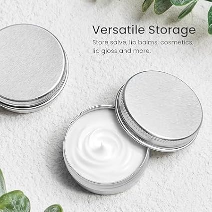 TUZAZO 48Pack 1/2 Oz Aluminum Tin Cans with Screw Lid and Labels, Refillable Travel Sized Cosmetic Containers Small Tins for Lip Balms, Salves, Lotion Bars, Candles