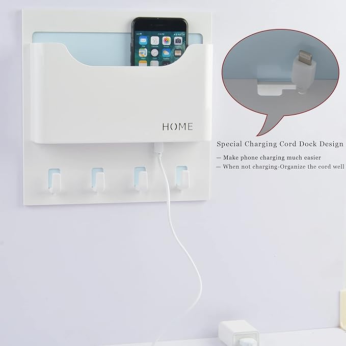 Bedside Shelf Wall Mounted Dorm Room Rack Organizer Storage with Small Hooks - Use for Bedroom,Entryway to Organize Headphone,Remotes,Glass,Cellphones(Horizontal Type/White)
